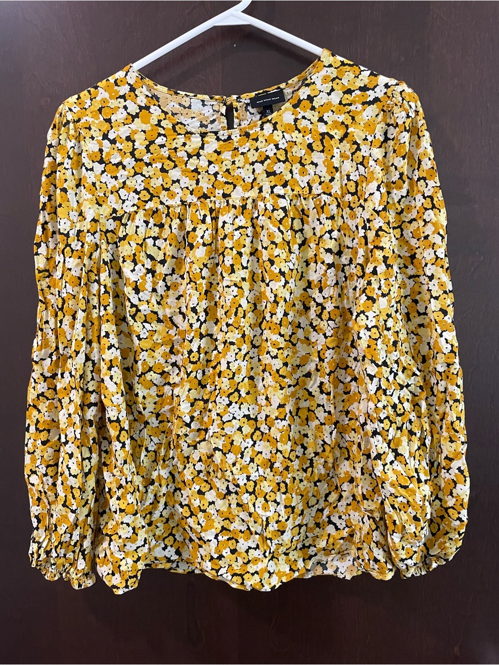 Who What Wear Womens Blouse Yellow and White Floral Long-Sleeve Size XL